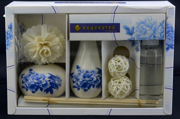 Подарочный набор: керамическая вазочка, аромамасло 50 мл,свечи, сухоцветы, ратановые шарики и палочки. Дыхание океана %% иллюстрация  3